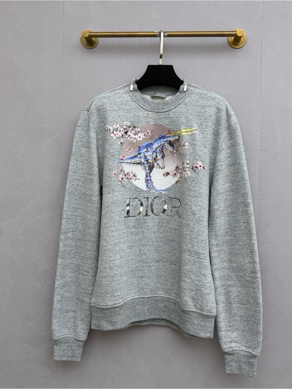 Dior Grey Crewneck Sweatshirt with Blue Metallic Logo and Pink Floral Accent